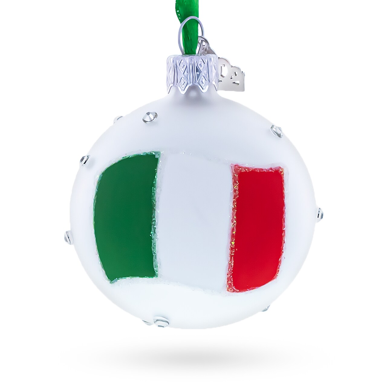 Italian Flag and “Italy” Script with Crystal Accents on Frosted White Glass Ball Christmas Ornament